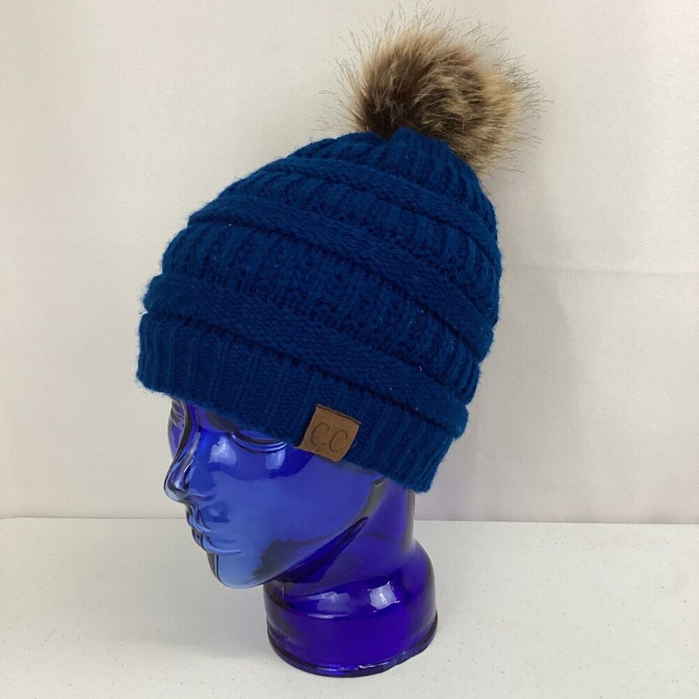 C.C Cable Knit Faux Fuzzy Fur Pom Blue Fleece Lined Skull Cap CC Beanie